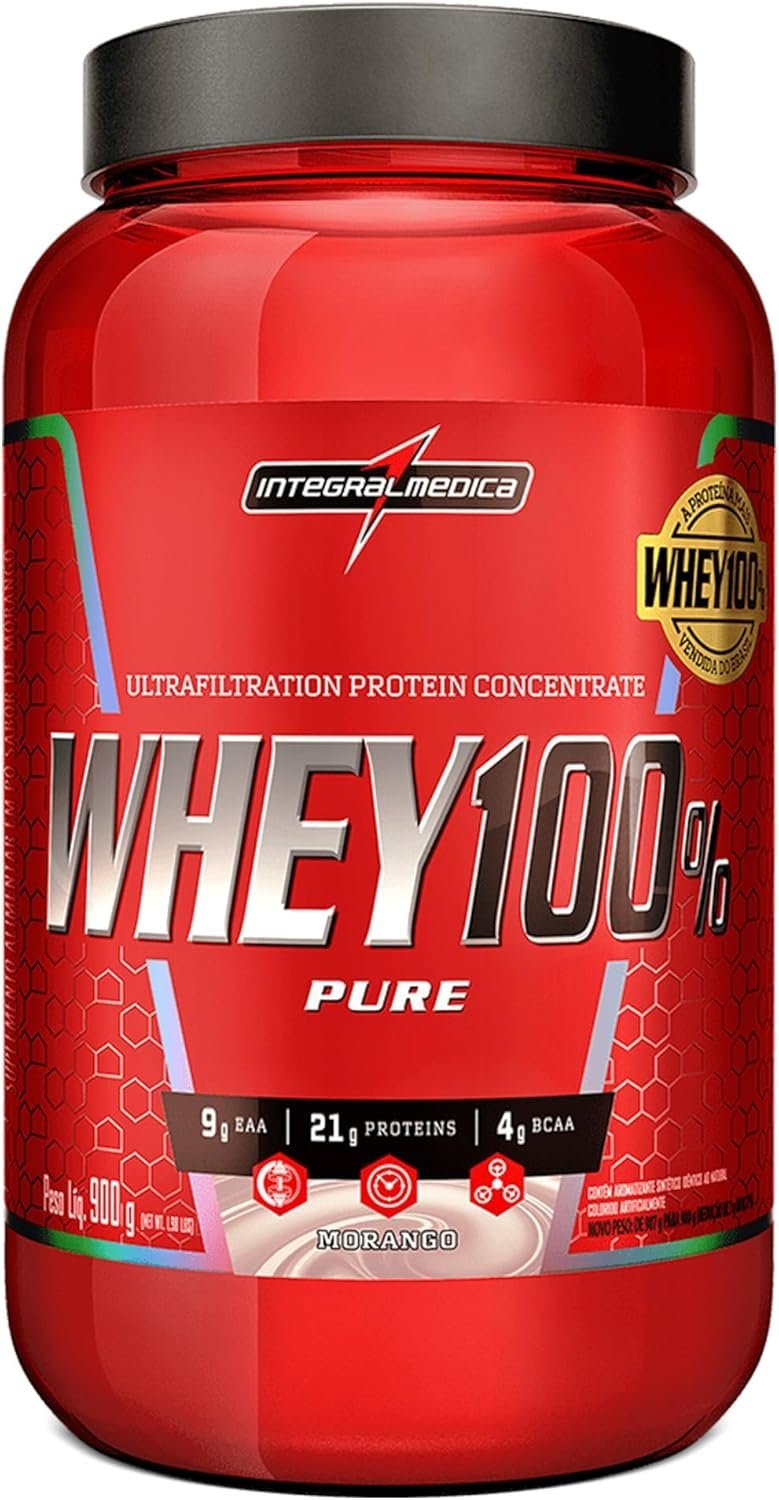 Whey Protein Concentrado Morango 100% Pure – 21g de Proteína por Scoop, Suplementação Alimentar Pós-Treino, Fórmula Enriquecida com BCAAs – Pote 900g