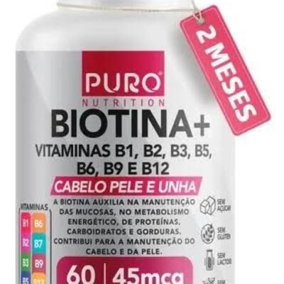 Biotina + Puro Nutrition Pele, Cabelo e Unhas, 45 mcg de Biotina por dose, Vitaminas B1, B2, B3, B5, B6, B9 e B12, 60 Cá