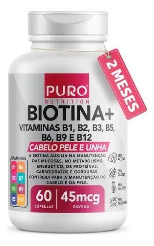 Biotina + Puro Nutrition Pele, Cabelo e Unhas, 45 mcg de Biotina por dose, Vitaminas B1, B2, B3, B5, B6, B9 e B12, 60 Cá
